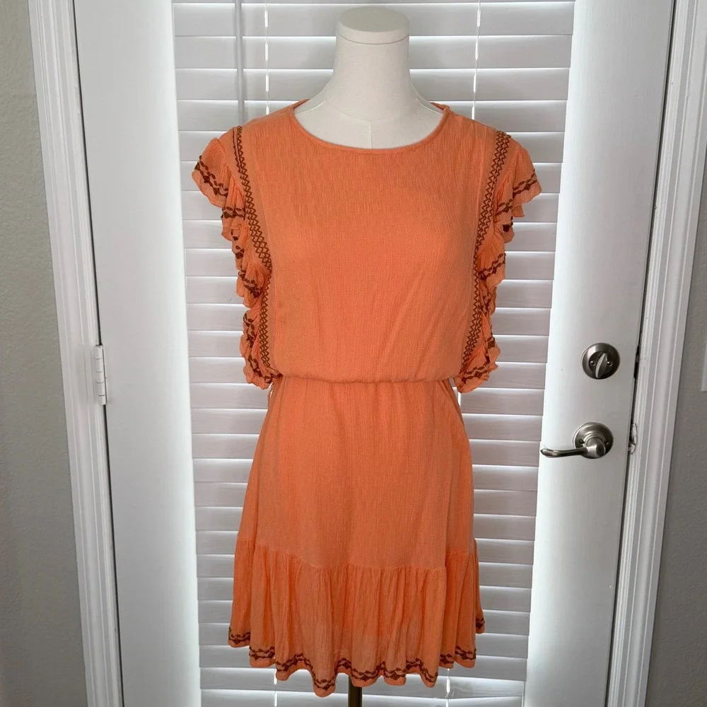 Free People Coral Orange Embroidered Ruffle Gauze Mini Dress Boho Western Sz S